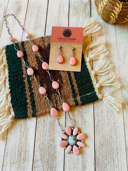 Handcrafted Queen Pink Conch, Turquoise & Sterling Silver Cluster Necklace Set