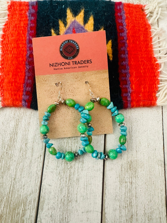 Handcrafted Kingman Turquoise & Sterling Silver Beaded Hoop Earrings