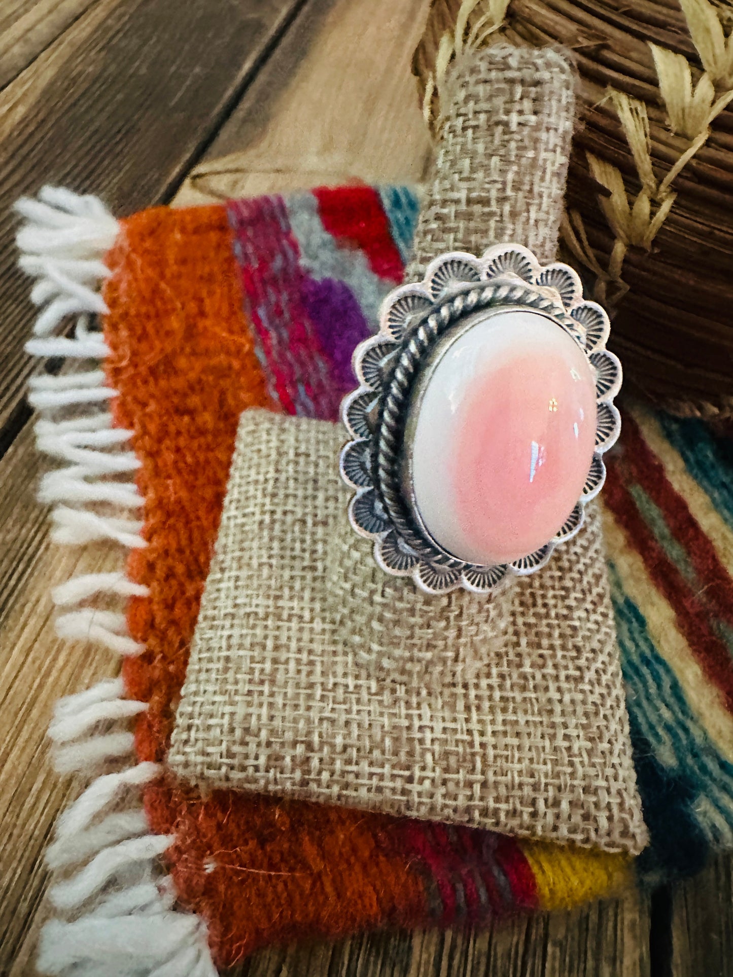 Handcrafted Queen Pink Conch & Sterling Silver Ring Size 8.75