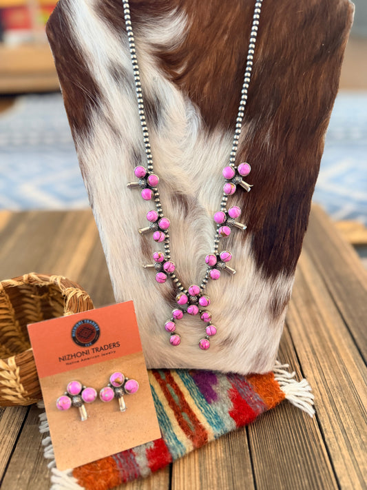 Handcrafted Cotton Candy & Sterling Silver Squash Blossom Necklace and Earring Set