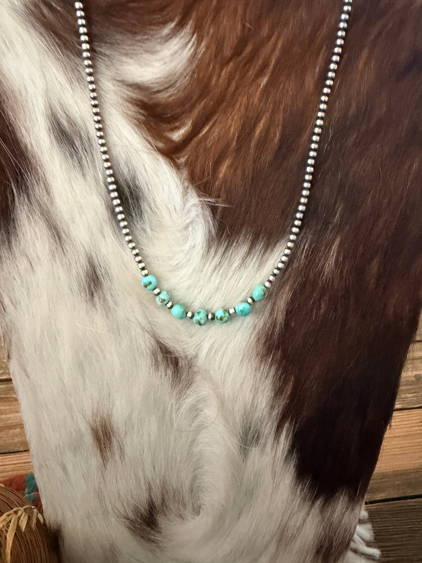 Handcrafted 7 Stone Turquoise & 3mm Sterling Silver Pearl Beaded Necklace