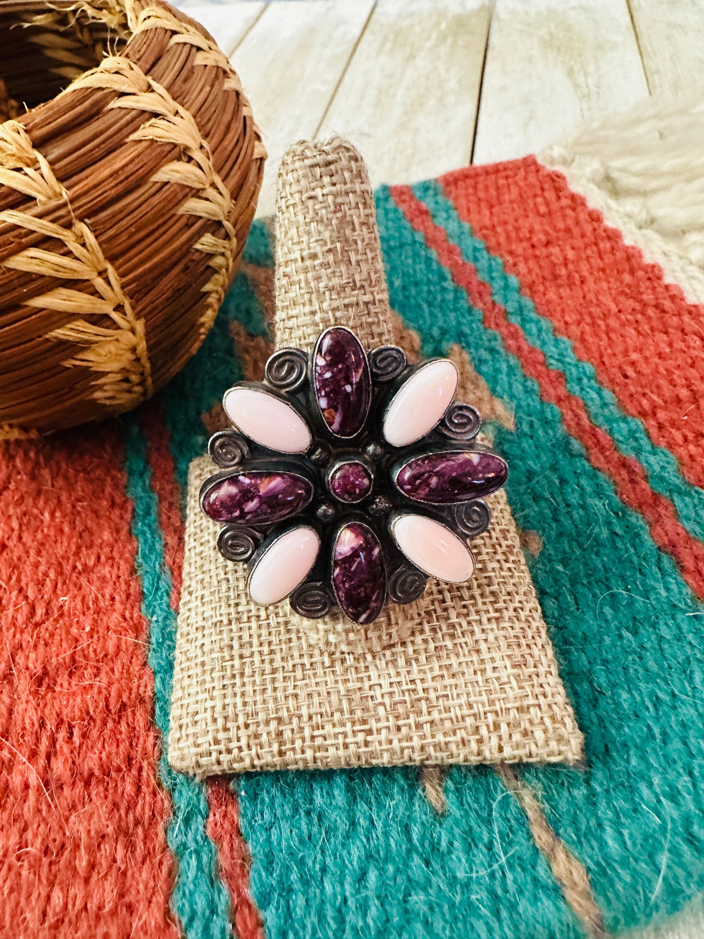 Handcrafted Queen Pink Conch, Purple Spiny & Sterling Silver Adjustable Ring by Jacqueline Silver