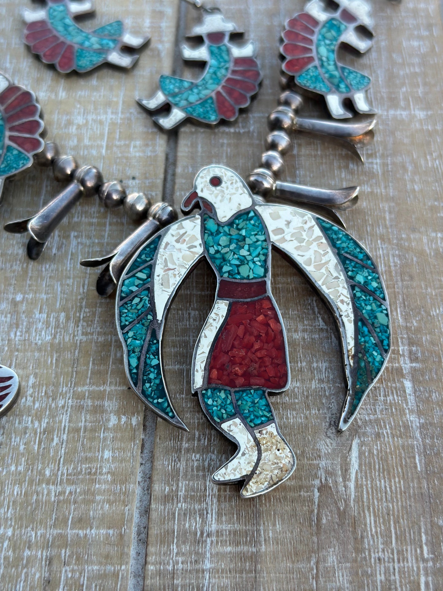 Handcrafted Old Pawn Vintage Chip Inlay Eagle Dancer Sterling Silver 5 Piece Jewelry Set