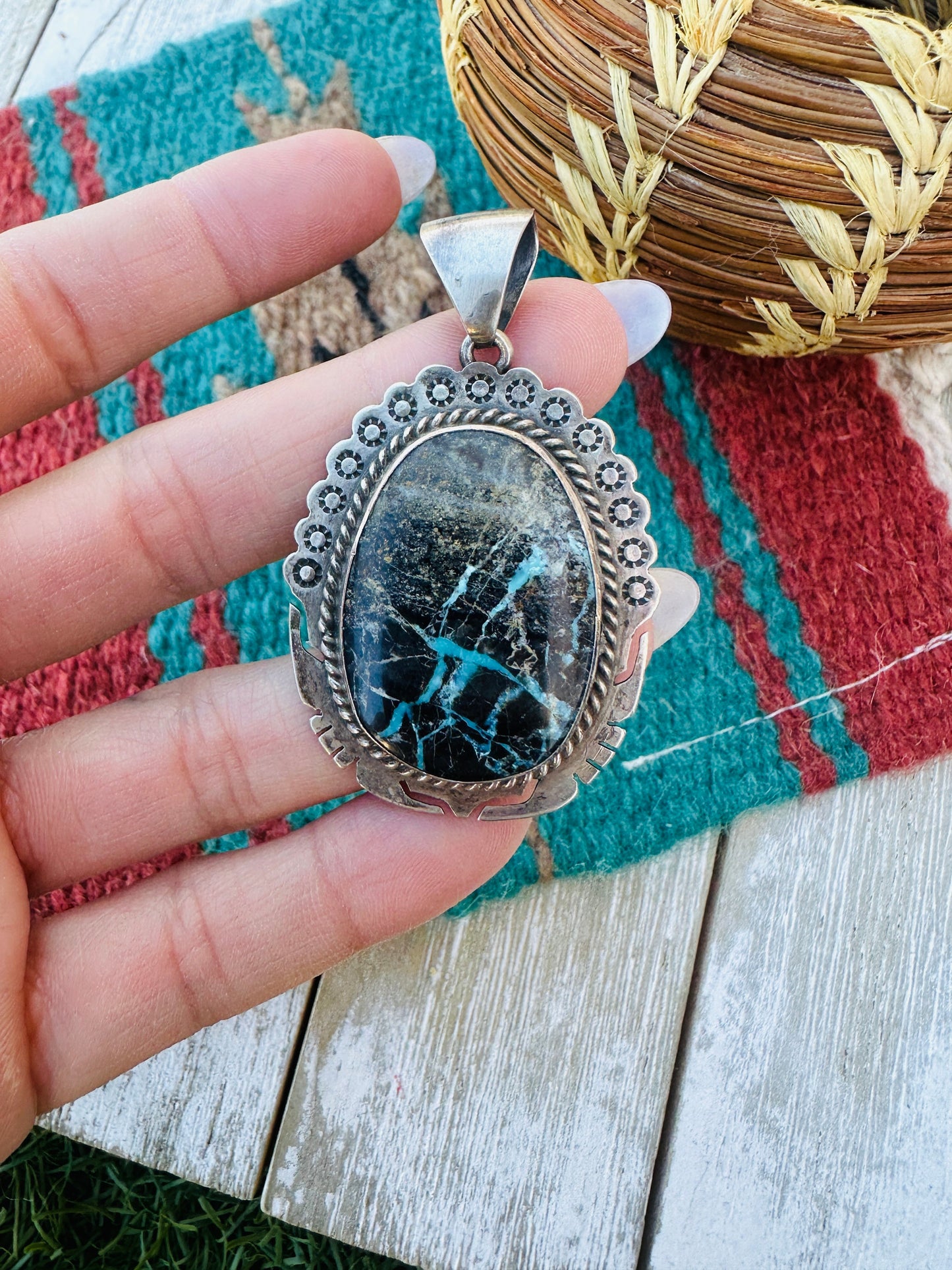 Handcrafted Sterling Silver and Black Jack Turquoise Pendant by Peggy Skeets