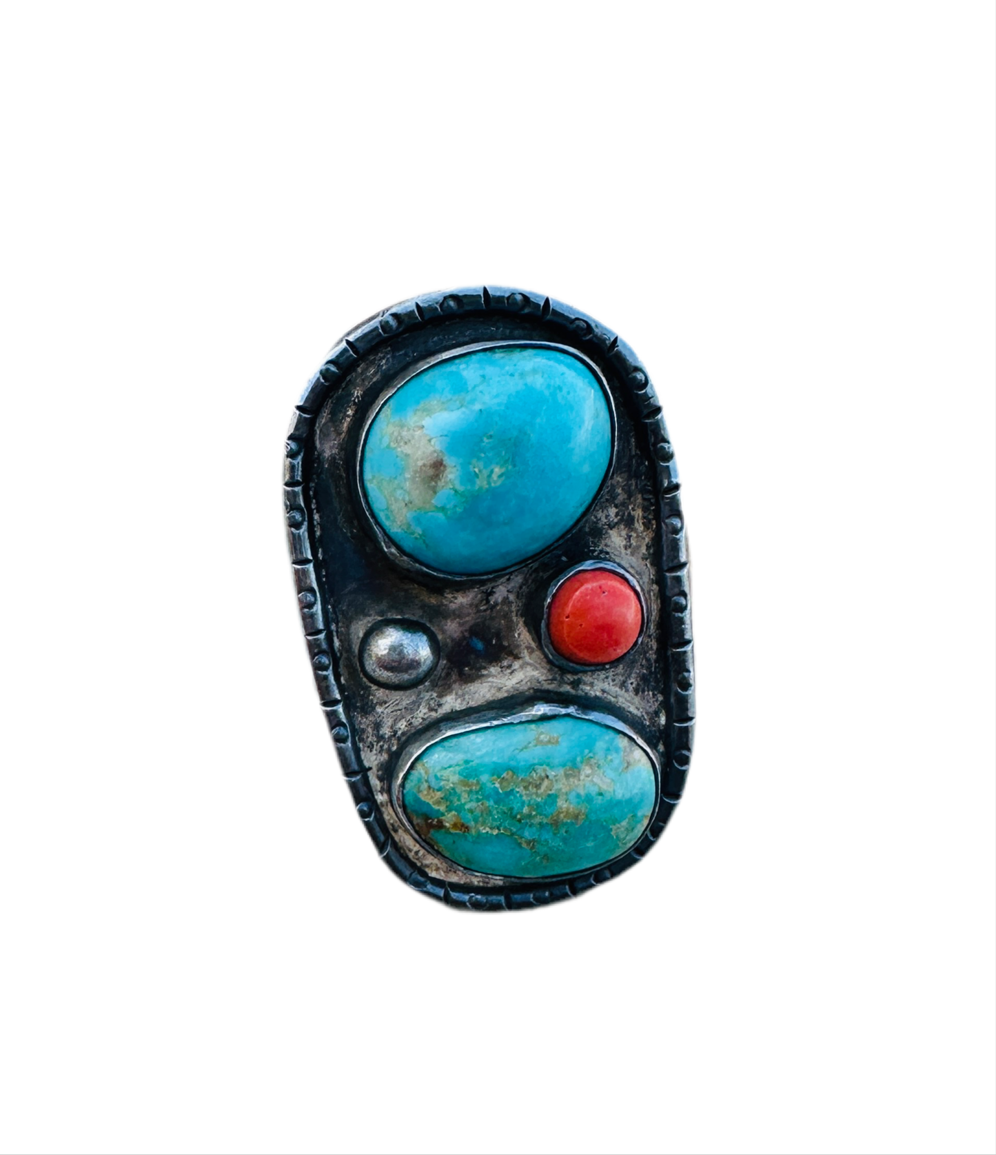 Old Pawn Handcrafted Sterling Silver, Turquoise & Coral Ring Size 11