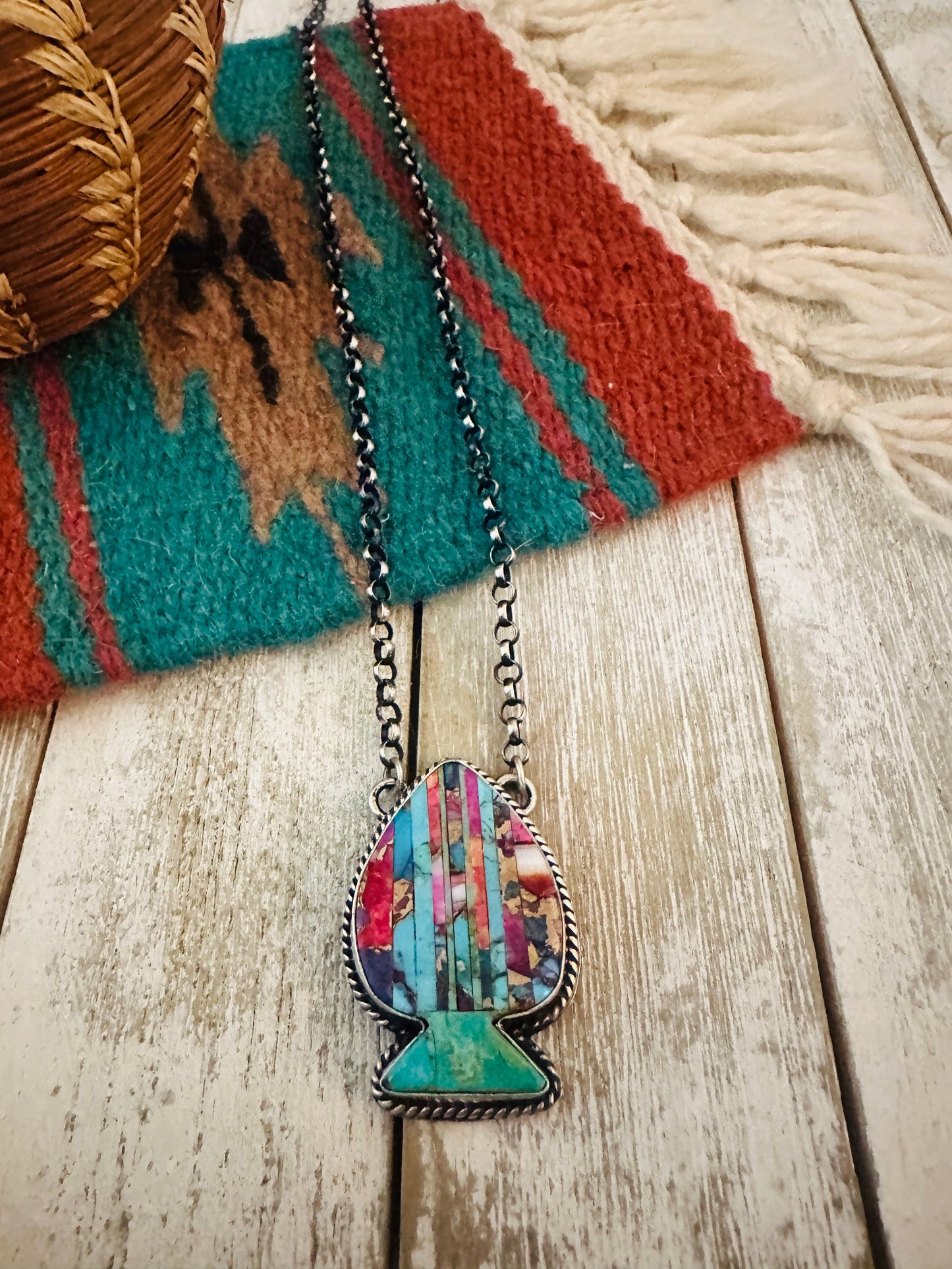 Handcrafted Sterling Silver & Multi Stone Inlay Spade Necklace