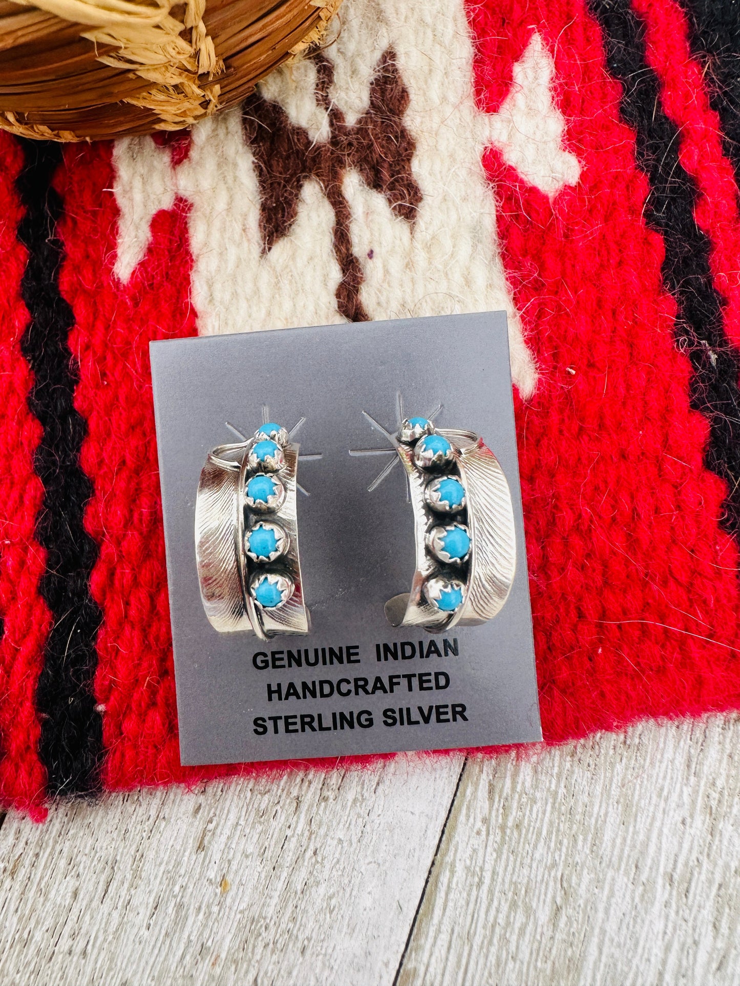 Handcrafted Turquoise & Sterling Silver Feather Hoop Earrings