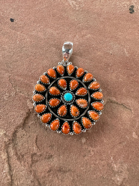 Beautiful Handmade Sterling Silver, Orange Mojave & Turquoise Cluster Pendant