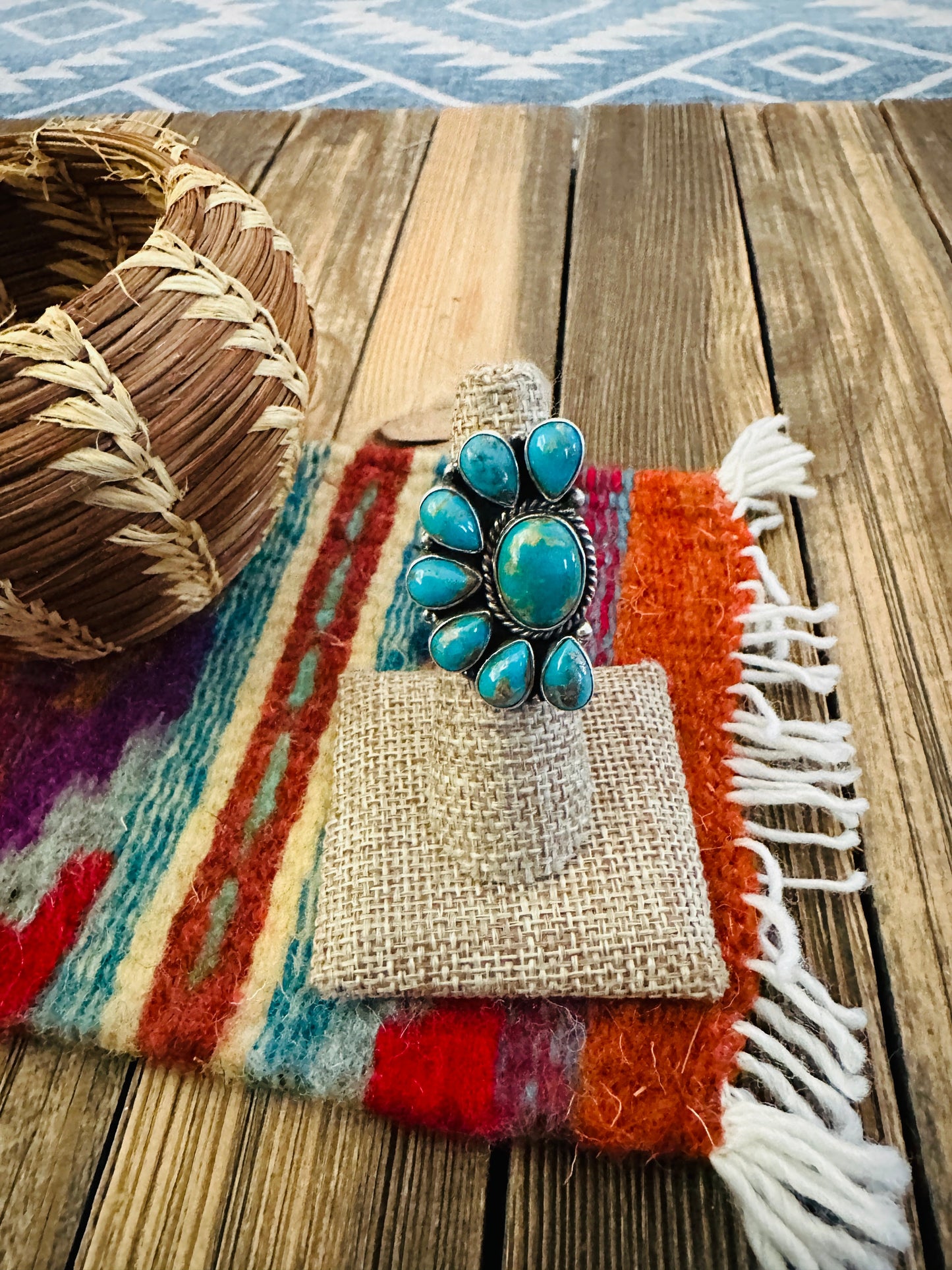 Handcrafted Turquoise & Sterling Silver Adjustable Cluster Ring by Elouise Richards