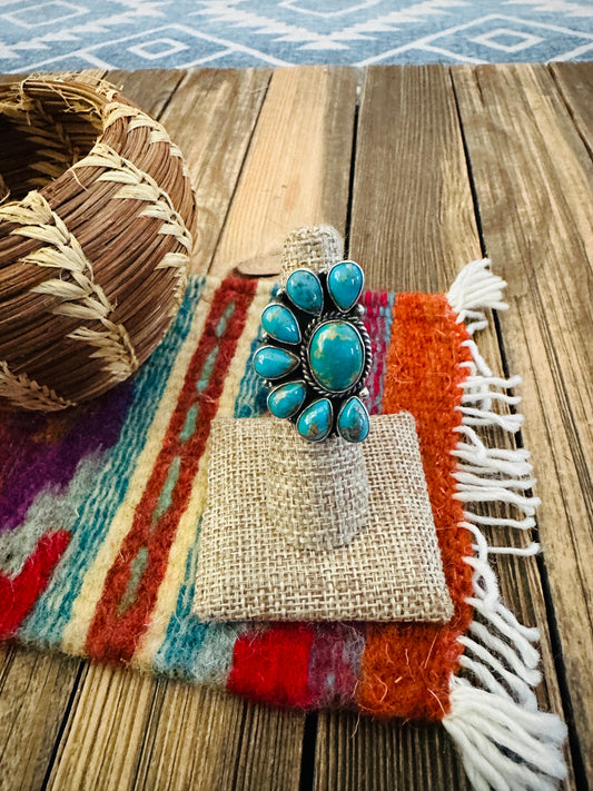Handcrafted Turquoise & Sterling Silver Adjustable Cluster Ring by Elouise Richards