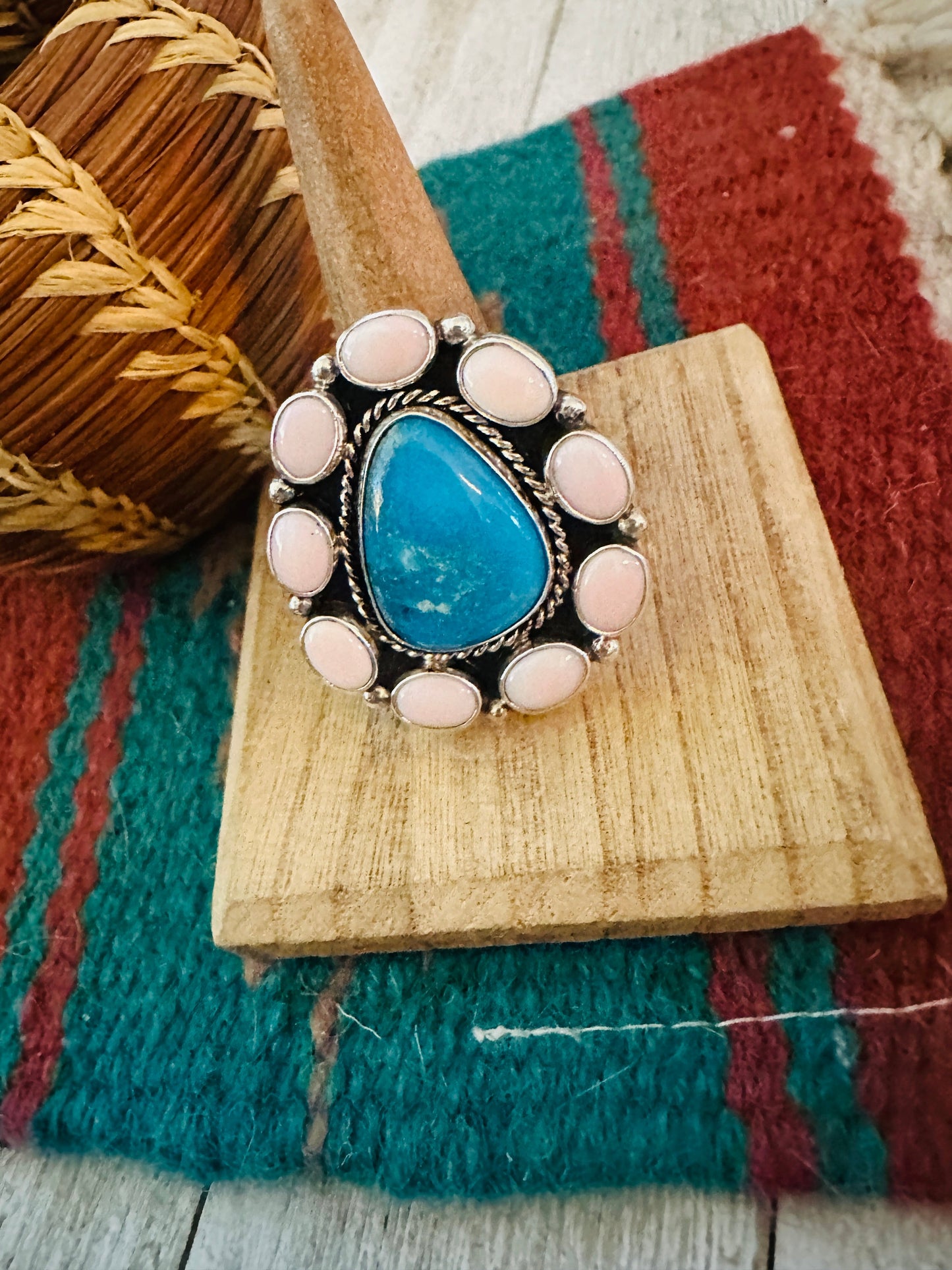 Handcrafted Sterling Silver, Queen Pink Conch & Turquoise Cluster Adjustable Ring