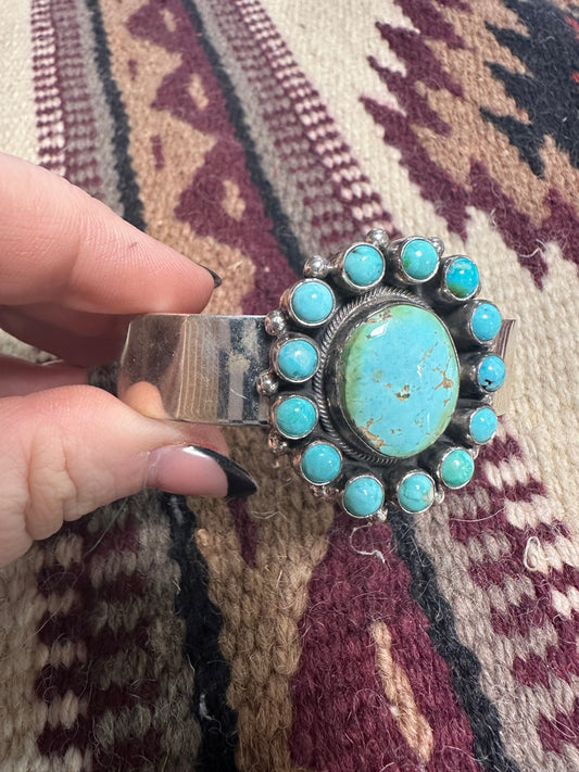 Beautiful B Johnson Handcrafted Sterling Turquoise Cluster Bracelet Cuff Signed /