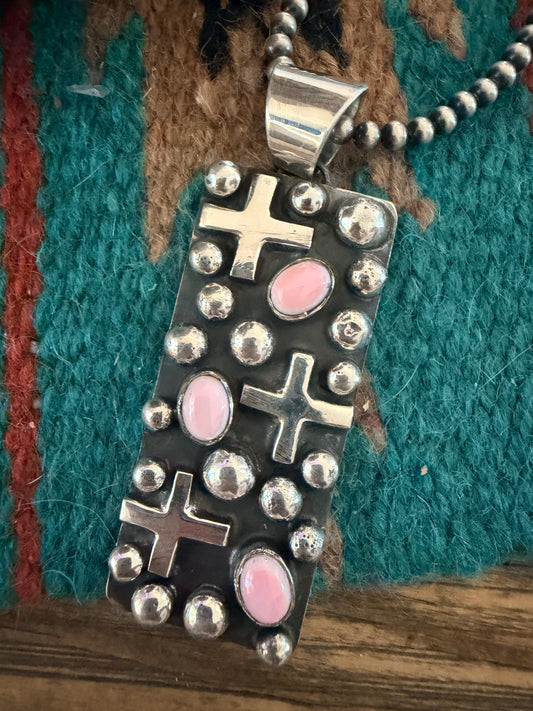 Handcrafted Sterling Silver & Queen Pink Conch Cross Pendant by Chimney Butte