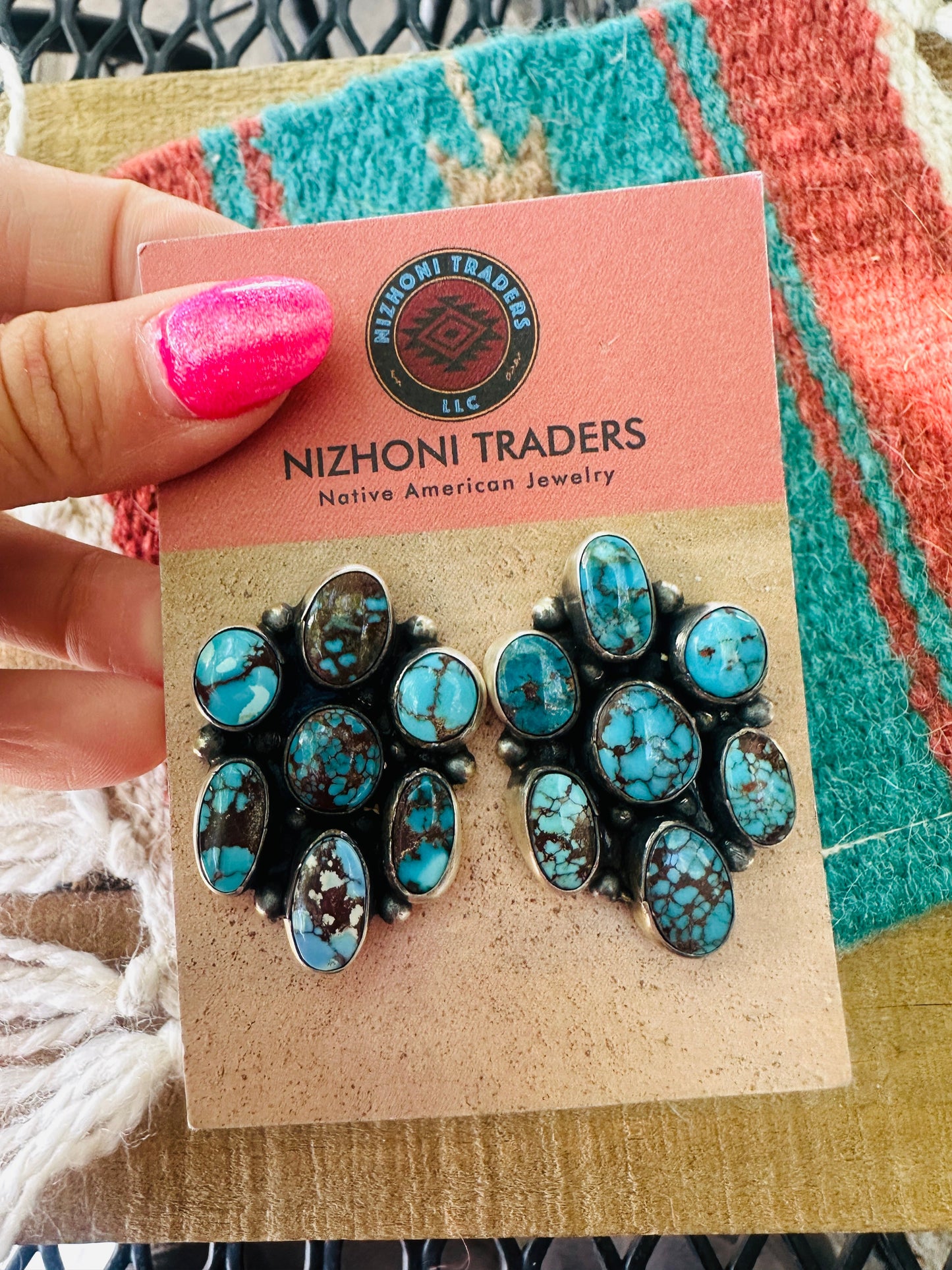 Handcrafted Sterling Silver & Kingman Web Turquoise Cluster Post Earrings