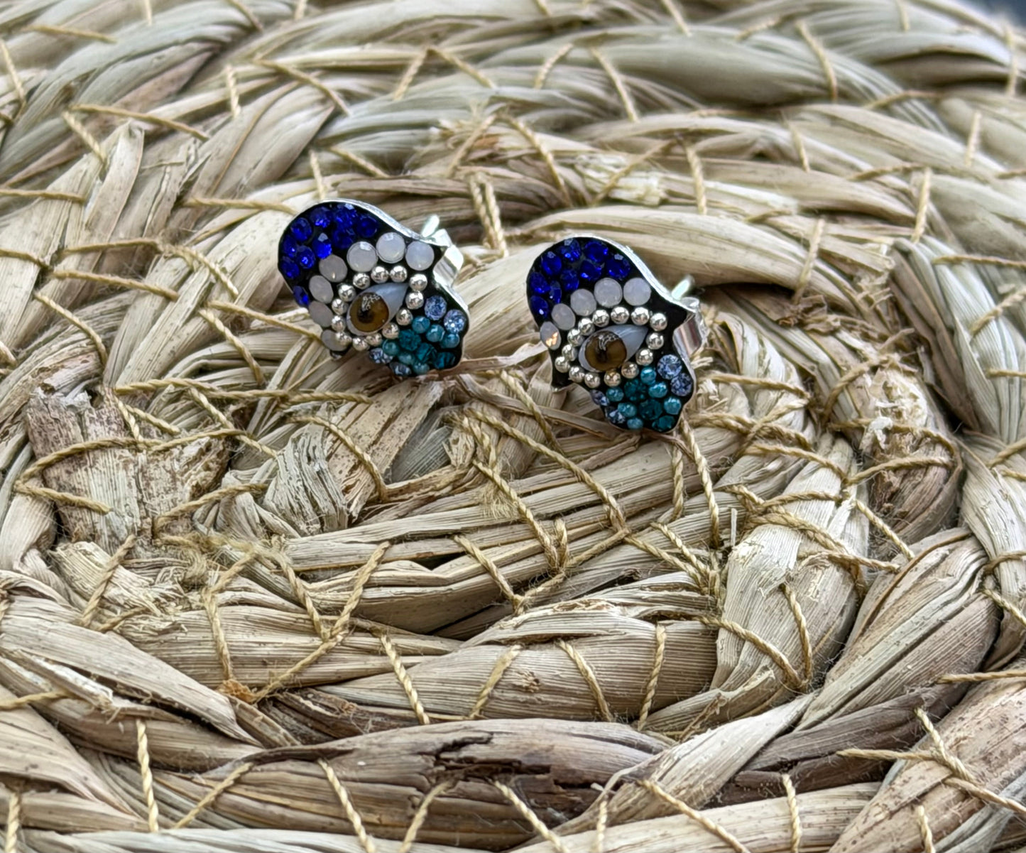 Hamsa Blue Evil Eye Sterling Silver Stud Earrings