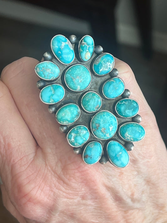 Handcrafted Paul Livingston Sterling Silver and Campitos Turquoise Cluster Ring, Size  7