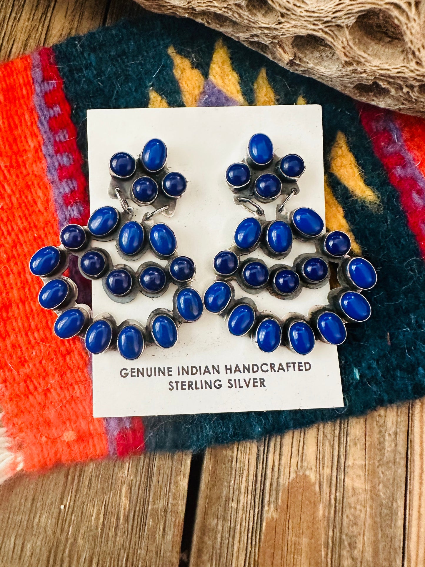 Navajo Lapis & Sterling Silver Cluster Dangle Earrings