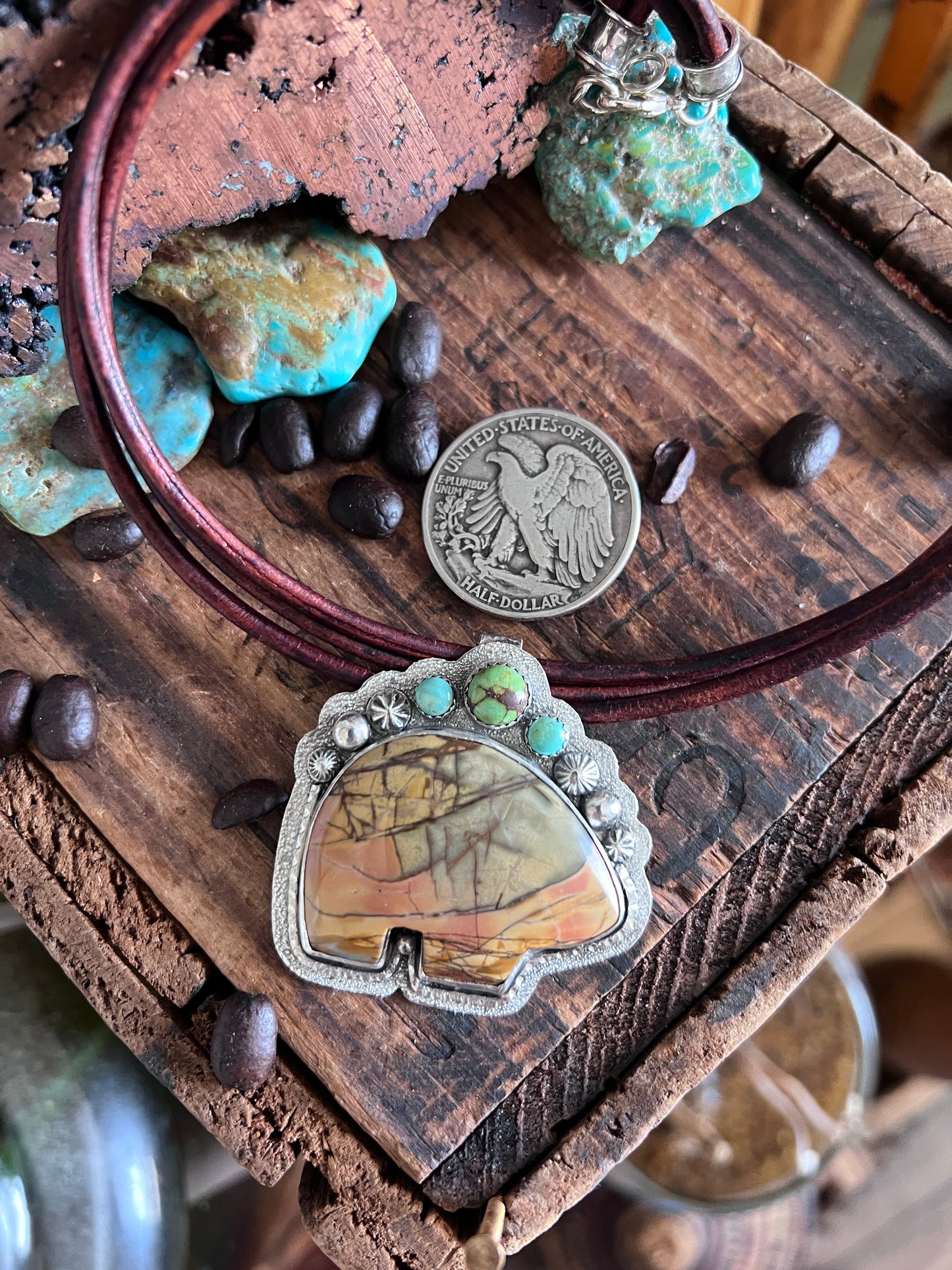 Tularosa Sterling Silver and Leather Red Creek Jasper Bear Necklace with Turquoise