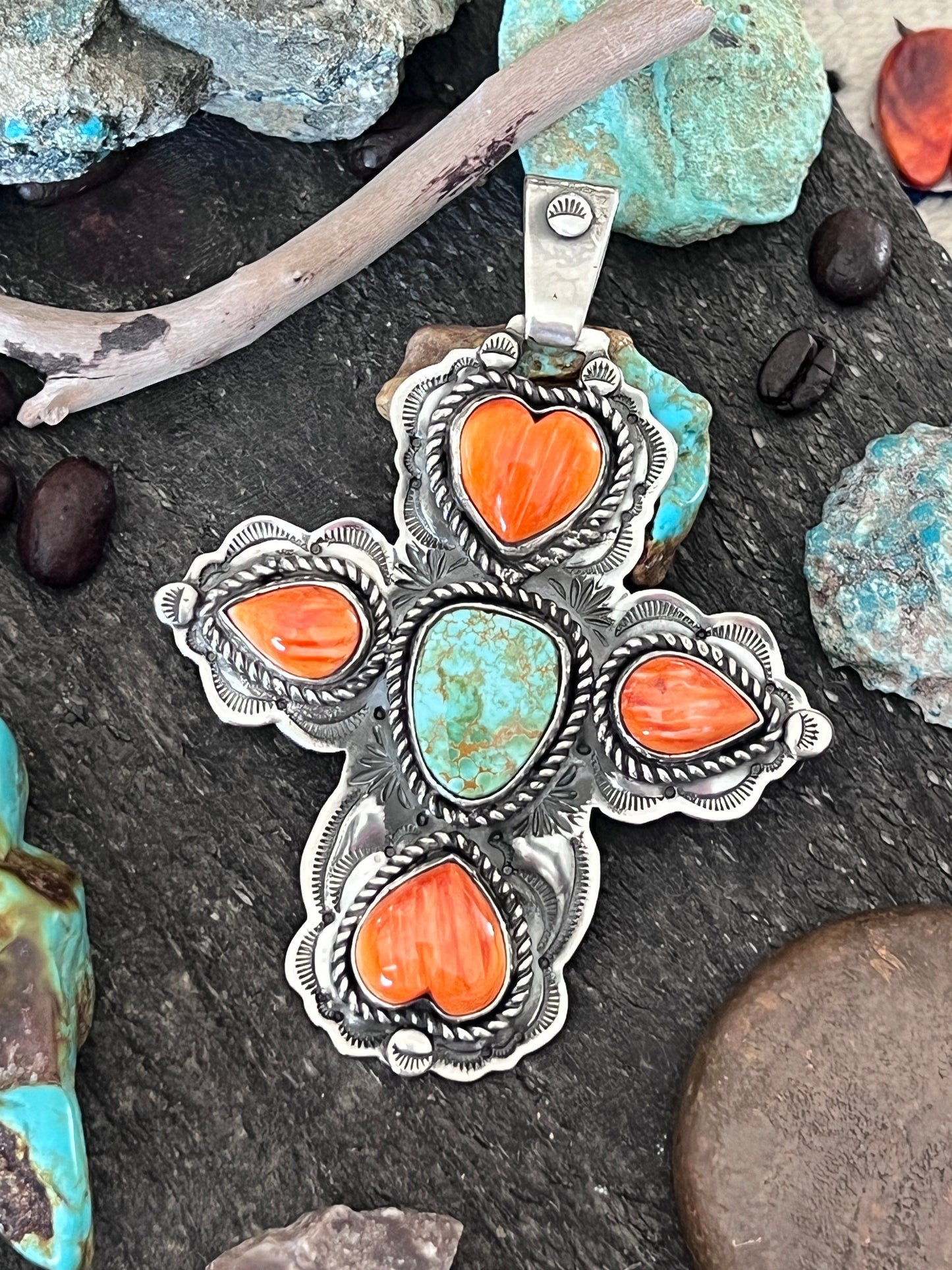 Hand Stamped Sterling Silver, Pilot Mountain Turquoise & Spiny Oyster Cross Pendant by Kimari Somers