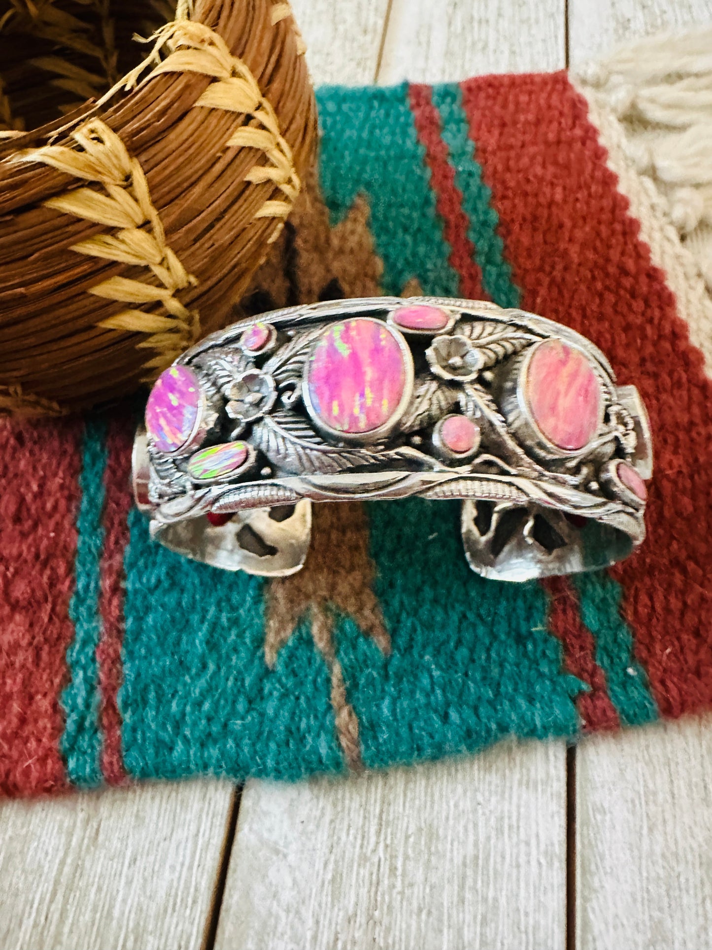 Handmade Sterling Silver Synthetic Opal Cuff Bracelet with Signed Nizhoni