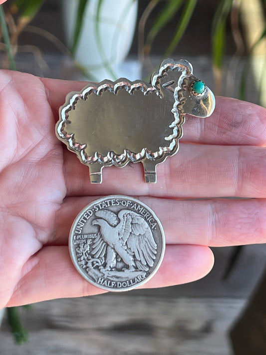 Hand Stamped Sterling Silver and Turquoise Sheep Brooch by Robby Manuelito