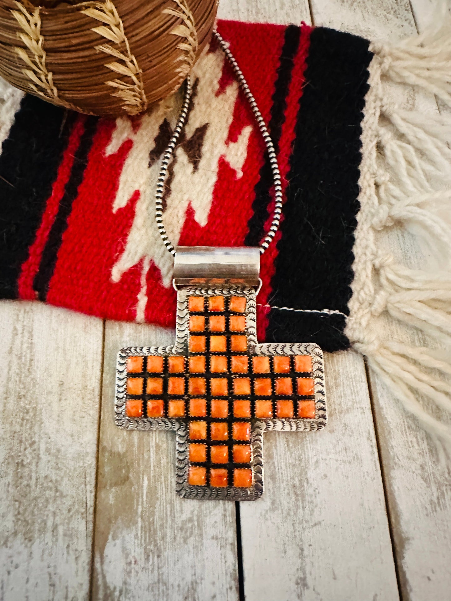 Handcrafted Sterling Silver & Orange Spiny Cross Pendant by Marcella James