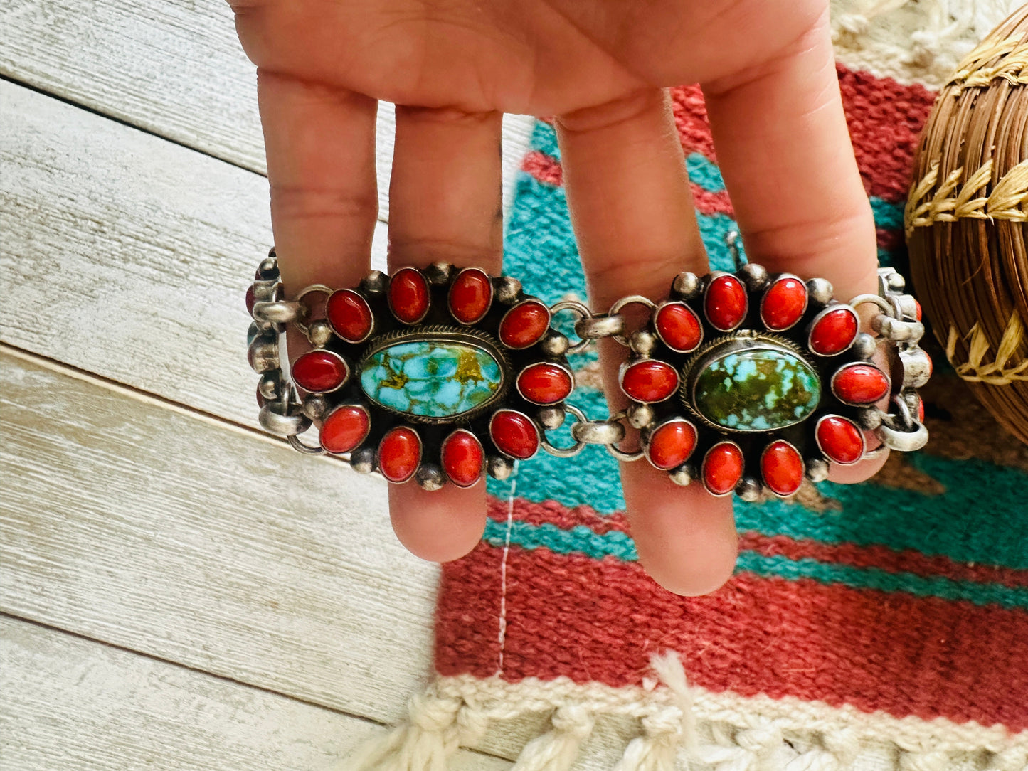 Handcrafted Coral, Turquoise & Sterling Silver Link Bracelet