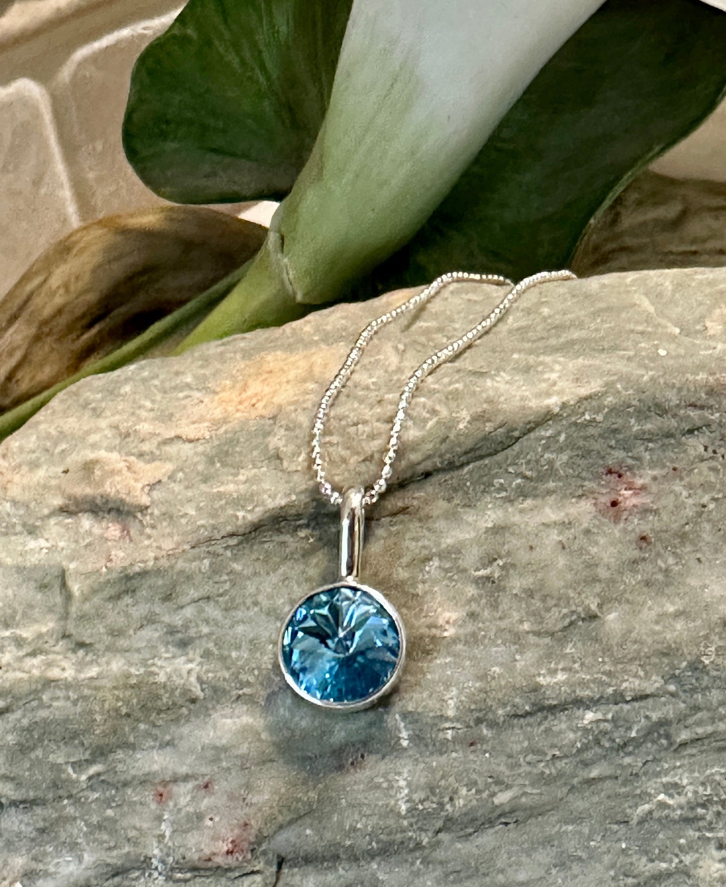 Light Blue Crystal Pendant Sterling Silver Necklace