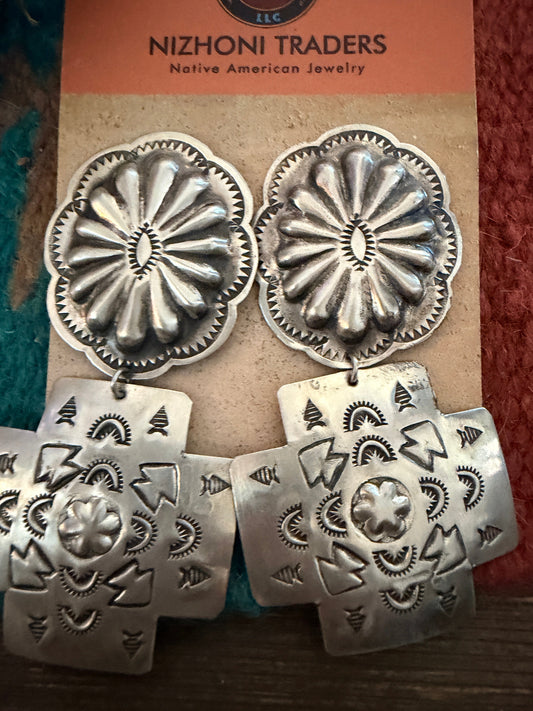 Handcrafted Old Pawn Sterling Silver Concho Cross Dangle Earrings