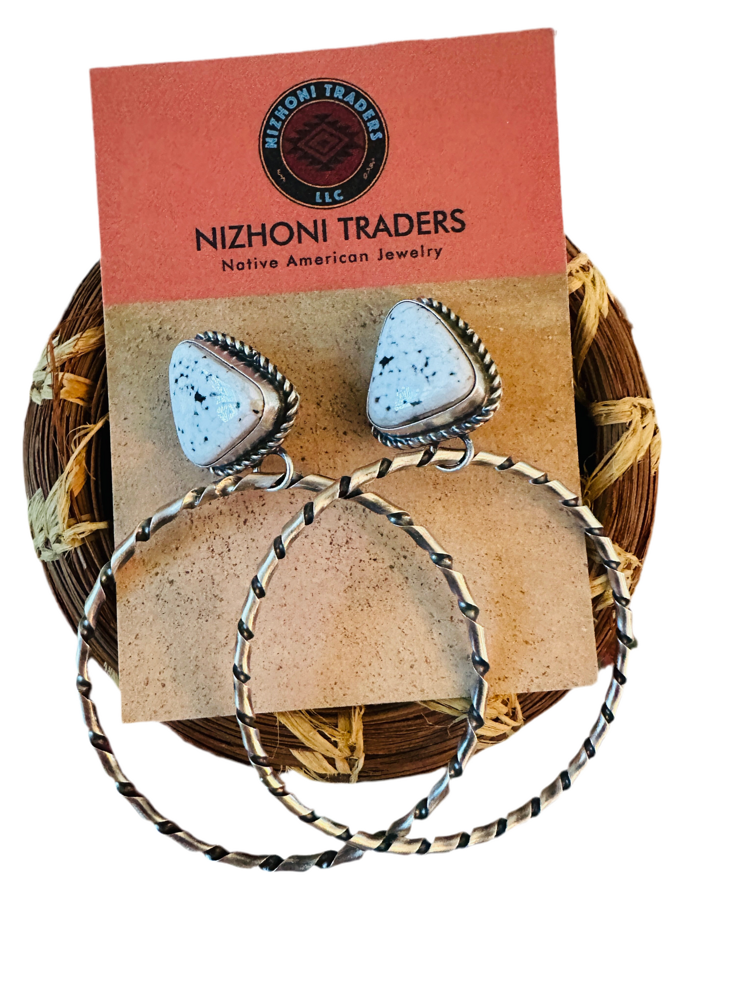 Handcrafted White Buffalo and Sterling Silver Dangle Hoop Earrings
