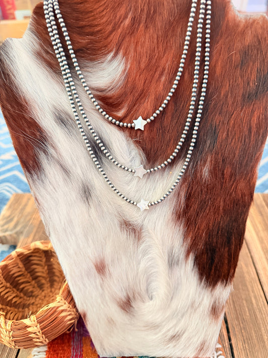 Handcrafted Mother of Pearl and Sterling Silver Pearl Star Beaded Necklace