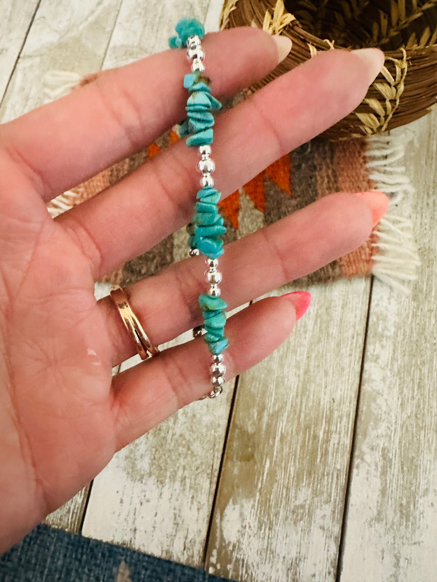 Handcrafted  Sterling Silver Pearl & Turquoise Beaded Bracelet