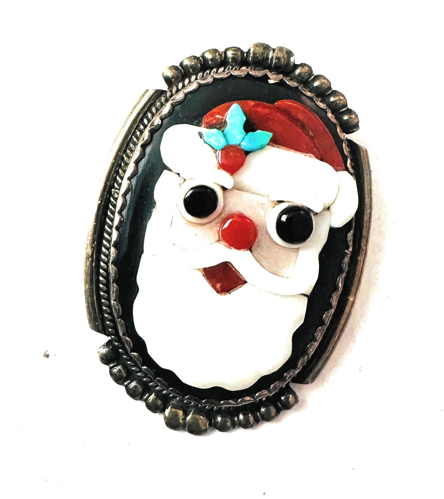 Vintage Handcrafted Multi Stone & Sterling Silver Inlay Santa Clause Brooch
