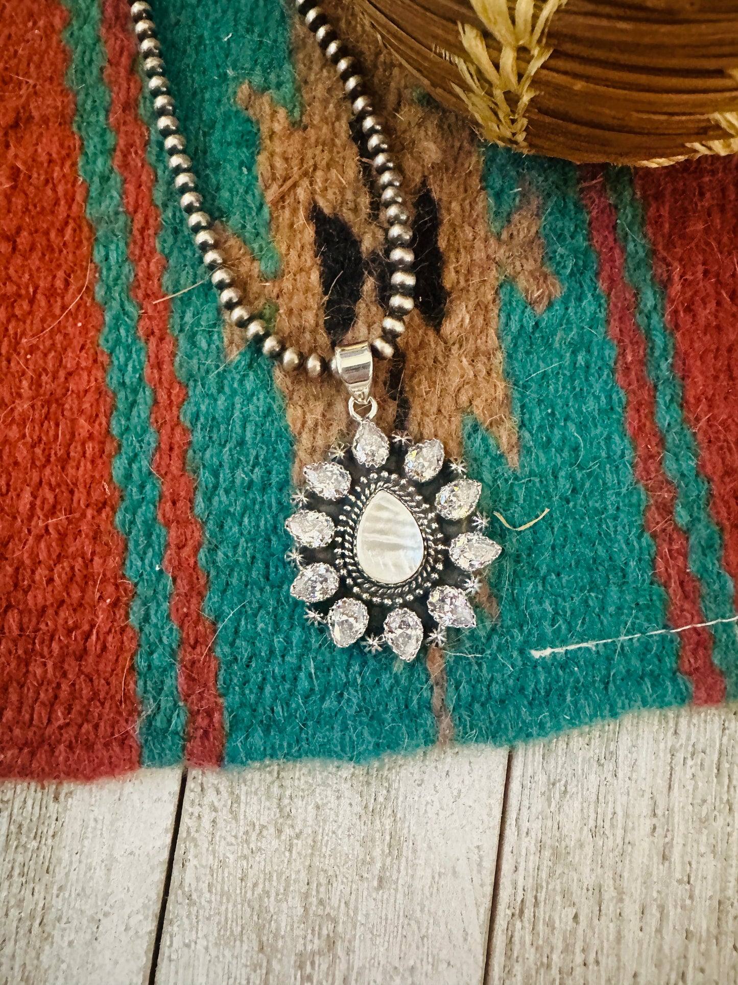** Christmas Collection ** Handmade Sterling Silver, Mother of Pearl & CZ Pendant Signed Nizhoni