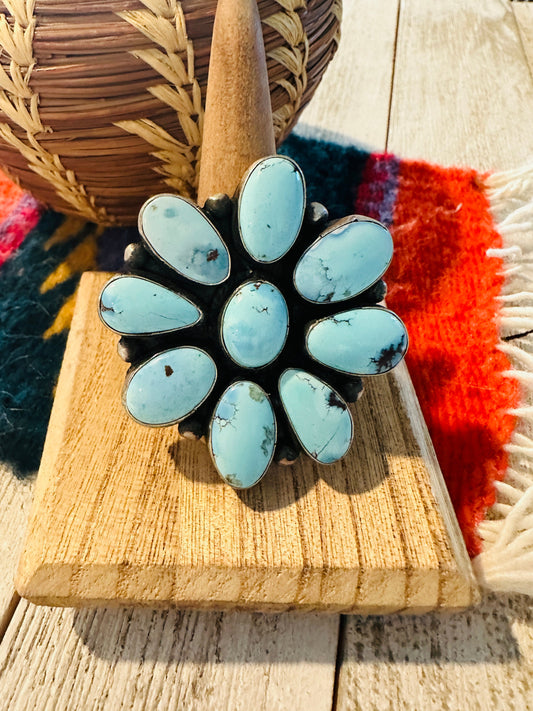 Handcrafted Golden Hills Turquoise & Sterling Silver Cluster Ring by Bobby Johnson, Size 8.75