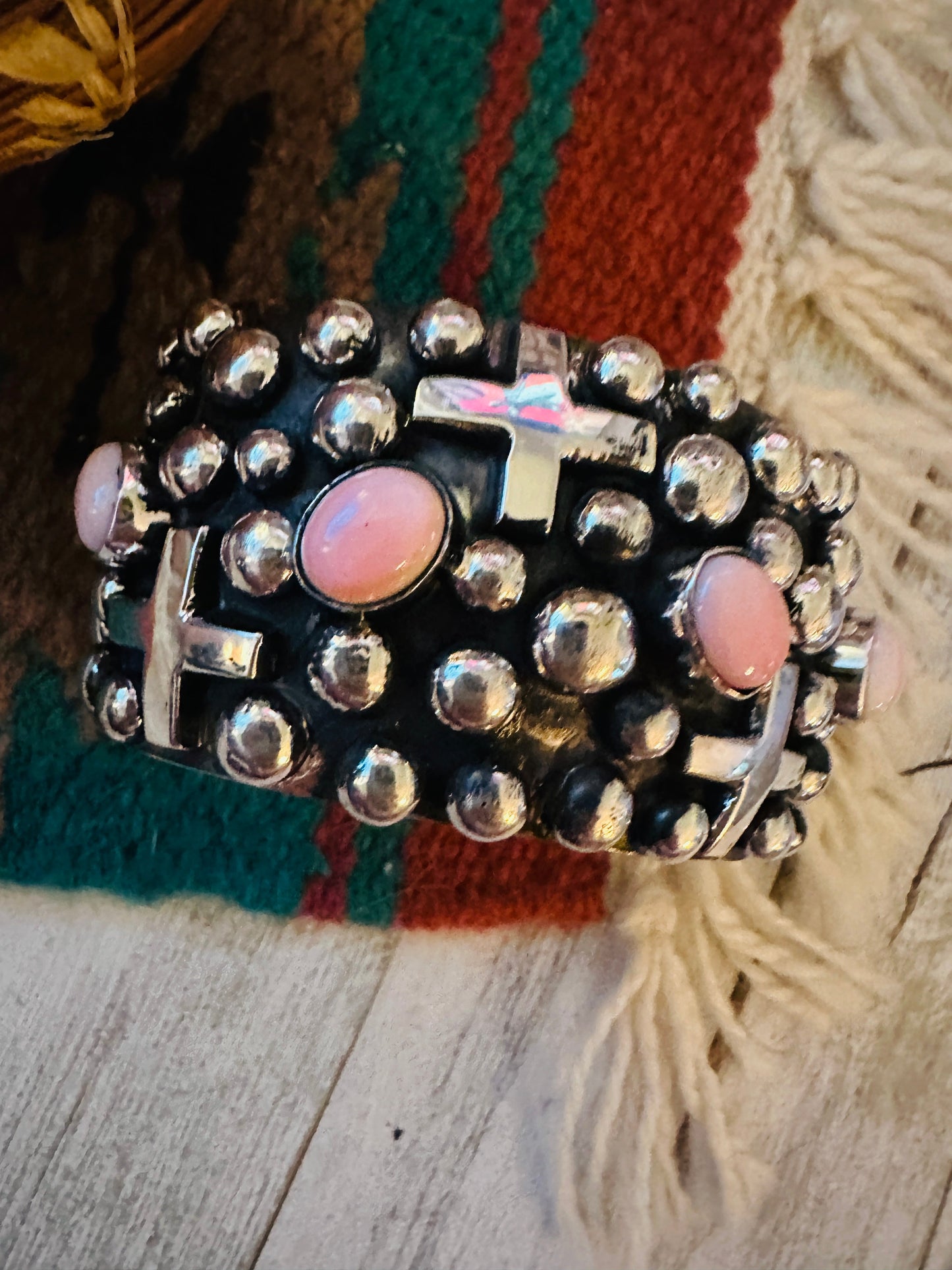 Handcrafted Sterling Silver & Queen Pink Conch Cross Cuff Bracelet By Chimney Butte /