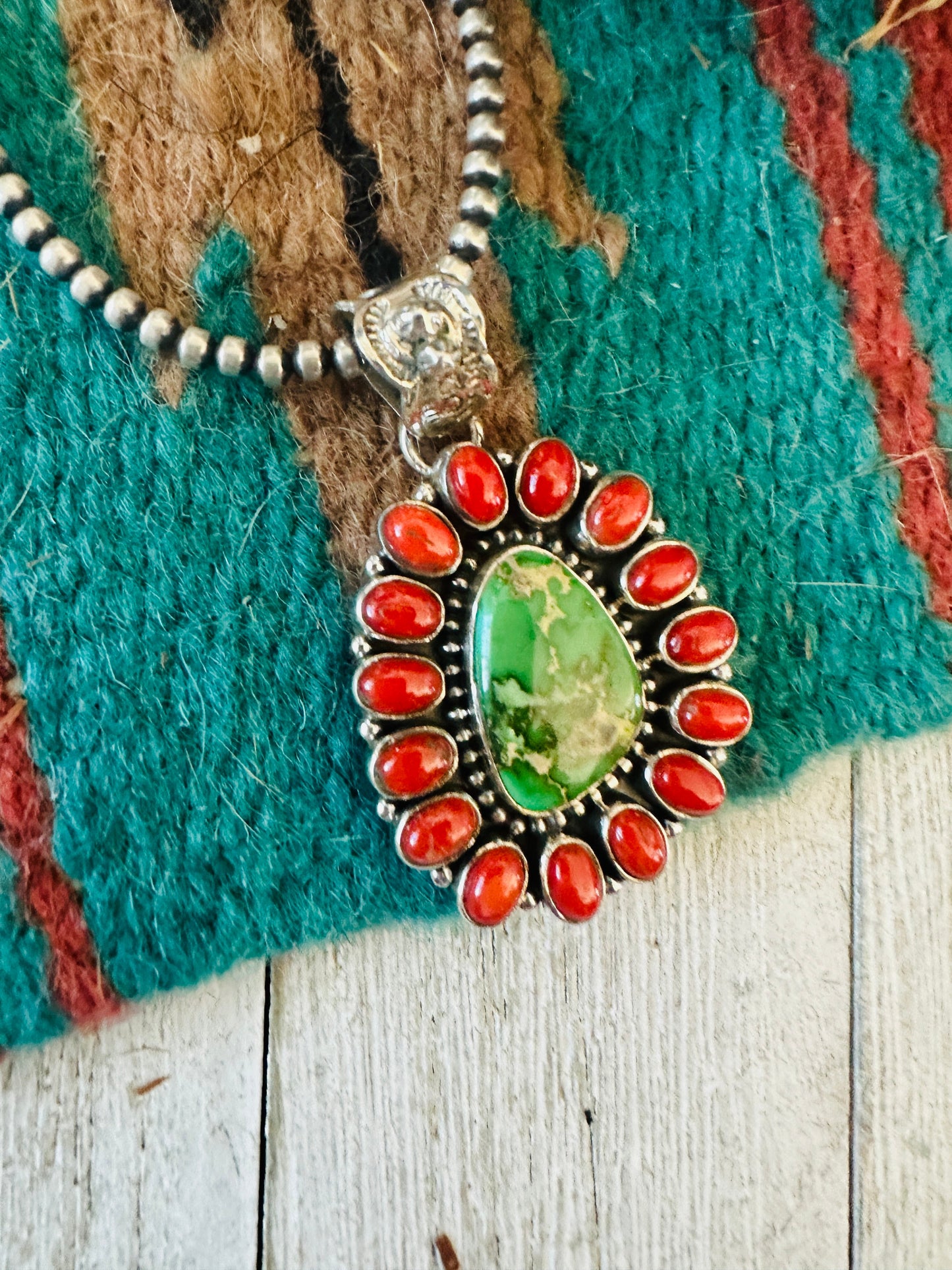 ** Christmas Collection ** Handmade Sterling Silver, Coral & Turquoise Cluster Pendant Signed Nizhoni