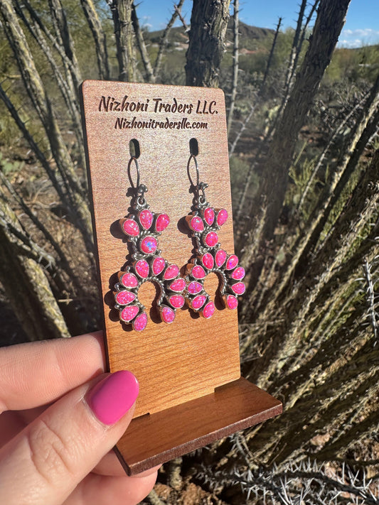 Handmade Hot Pink Fire Opal and Sterling Silver Naja Dangle Earrings