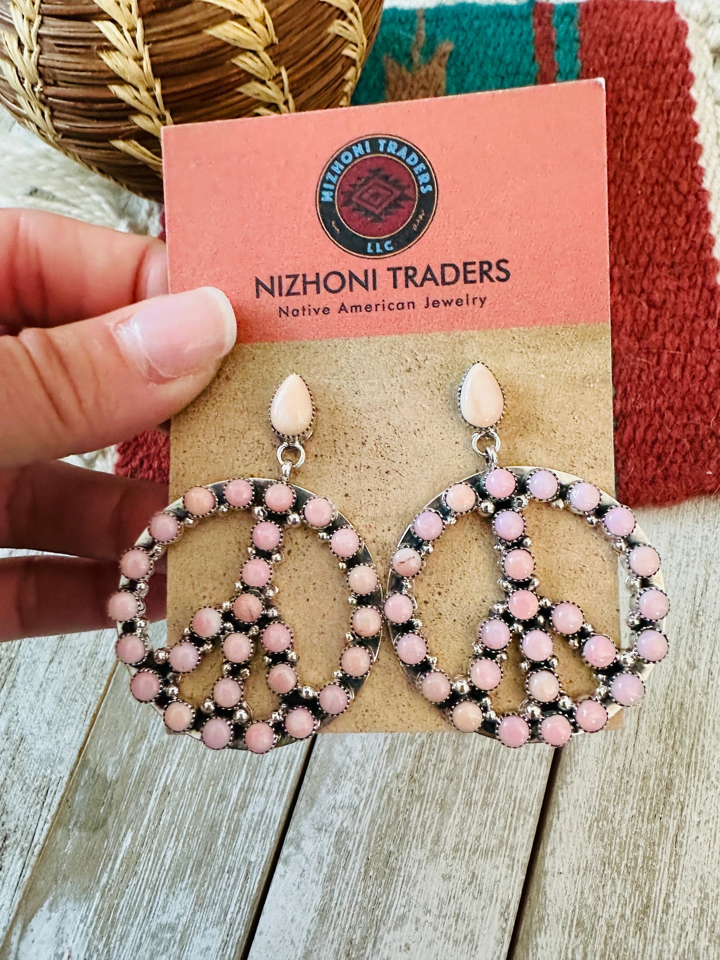 Handcrafted Queen Pink Conch & Sterling Silver Peace Sign Dangle Earrings