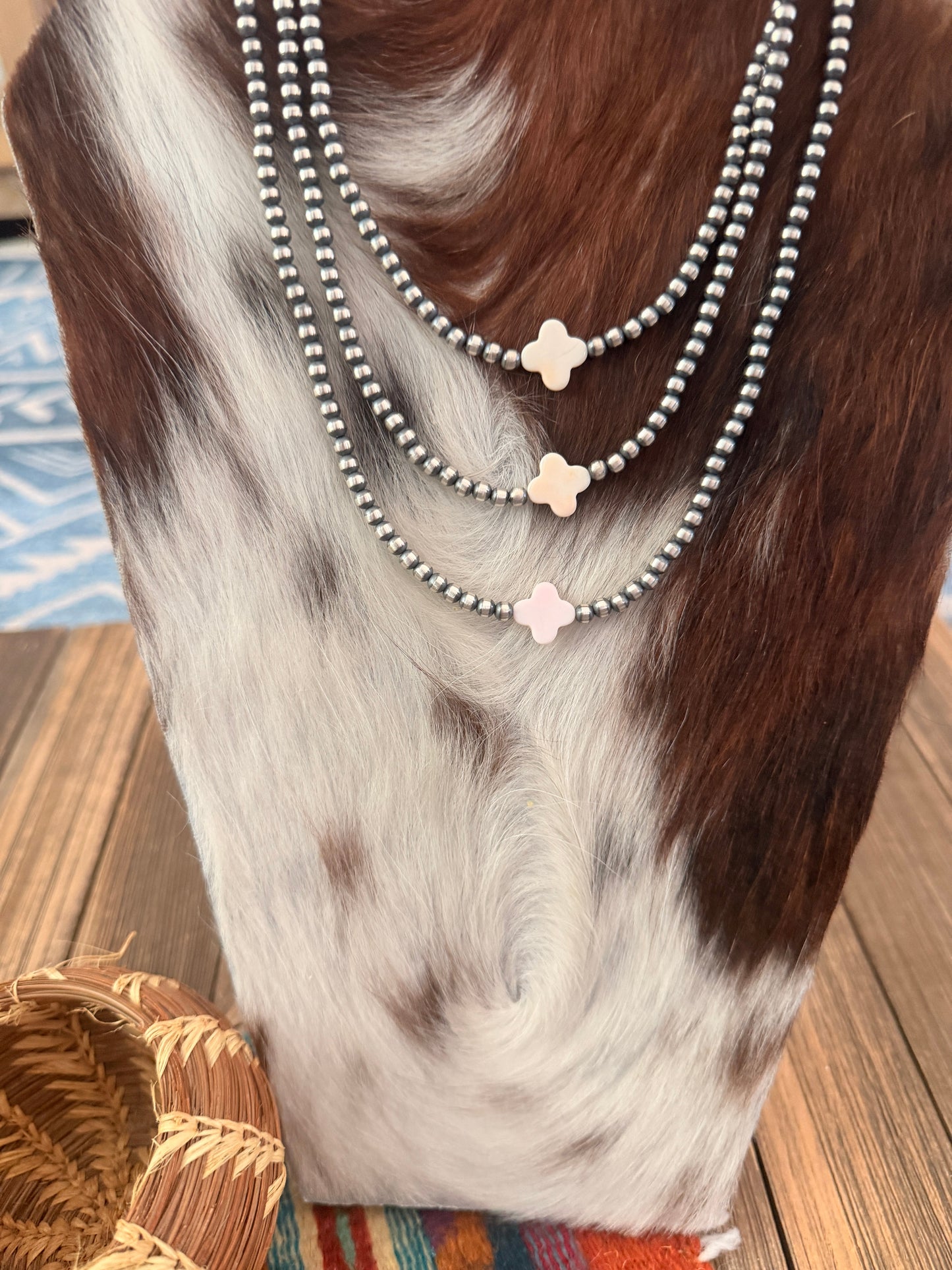 Handcrafted Queen Pink Conch and Sterling Silver Pearl Quatrefoil Beaded Necklace