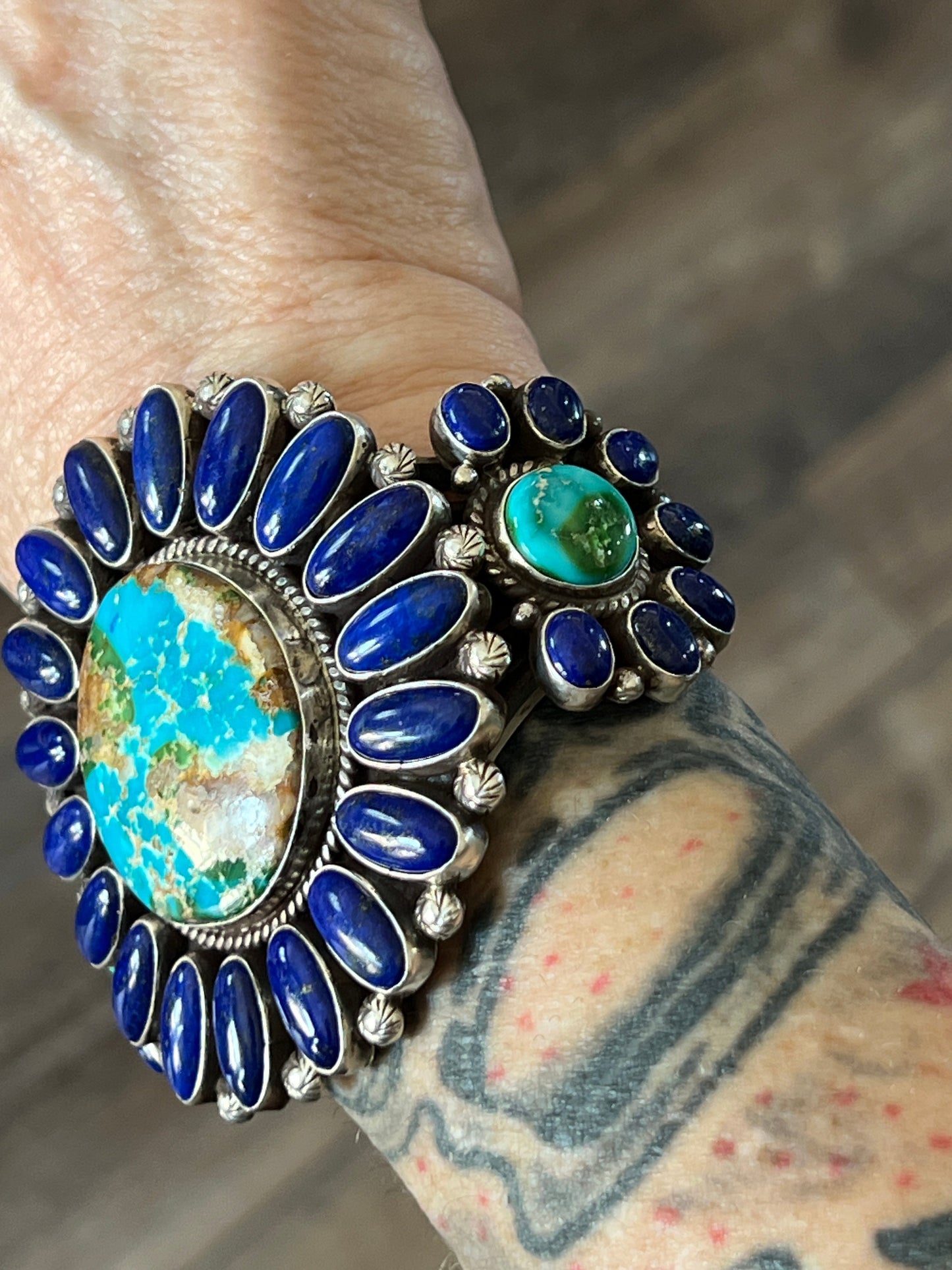 Sterling Silver, Sonoran Mountain Turquoise and Lapis Lazuli Cluster Cuff Bracelet by Tyler Brown /