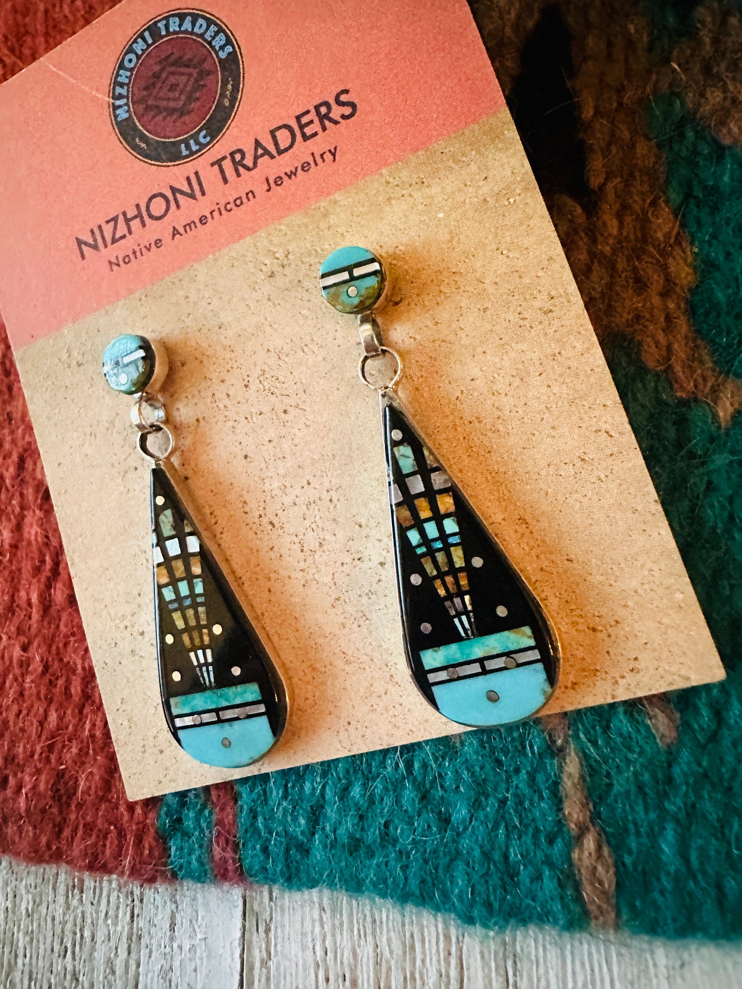 Handcrafted Sterling Silver & Multi Stone Inlay Dangle Earrings