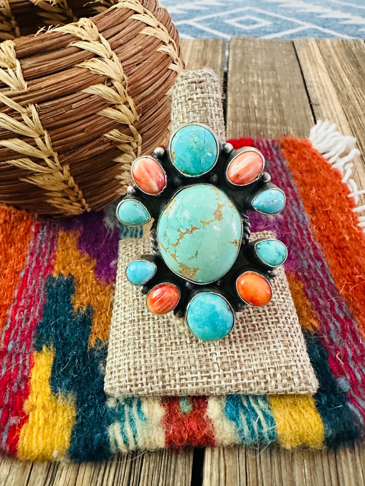 Handcrafted Spiny, Turquoise & Sterling Silver Cluster Ring Size 9.5 by Sheila Becenti