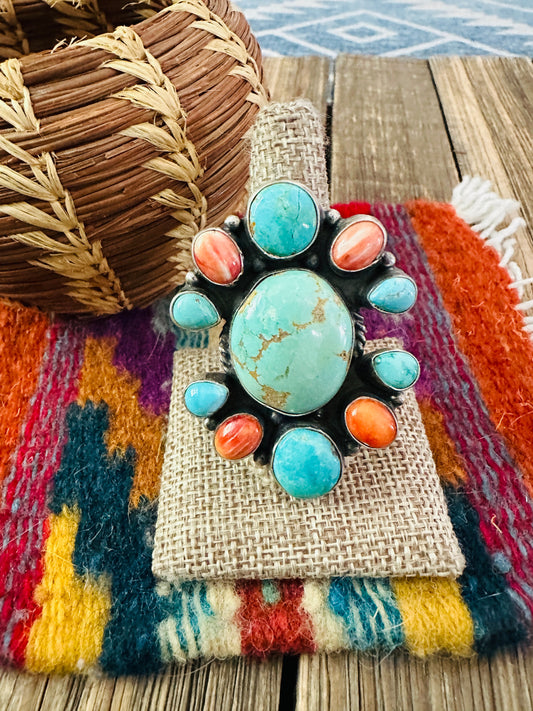 Handcrafted Spiny, Turquoise & Sterling Silver Cluster Ring Size 9.5 by Sheila Becenti