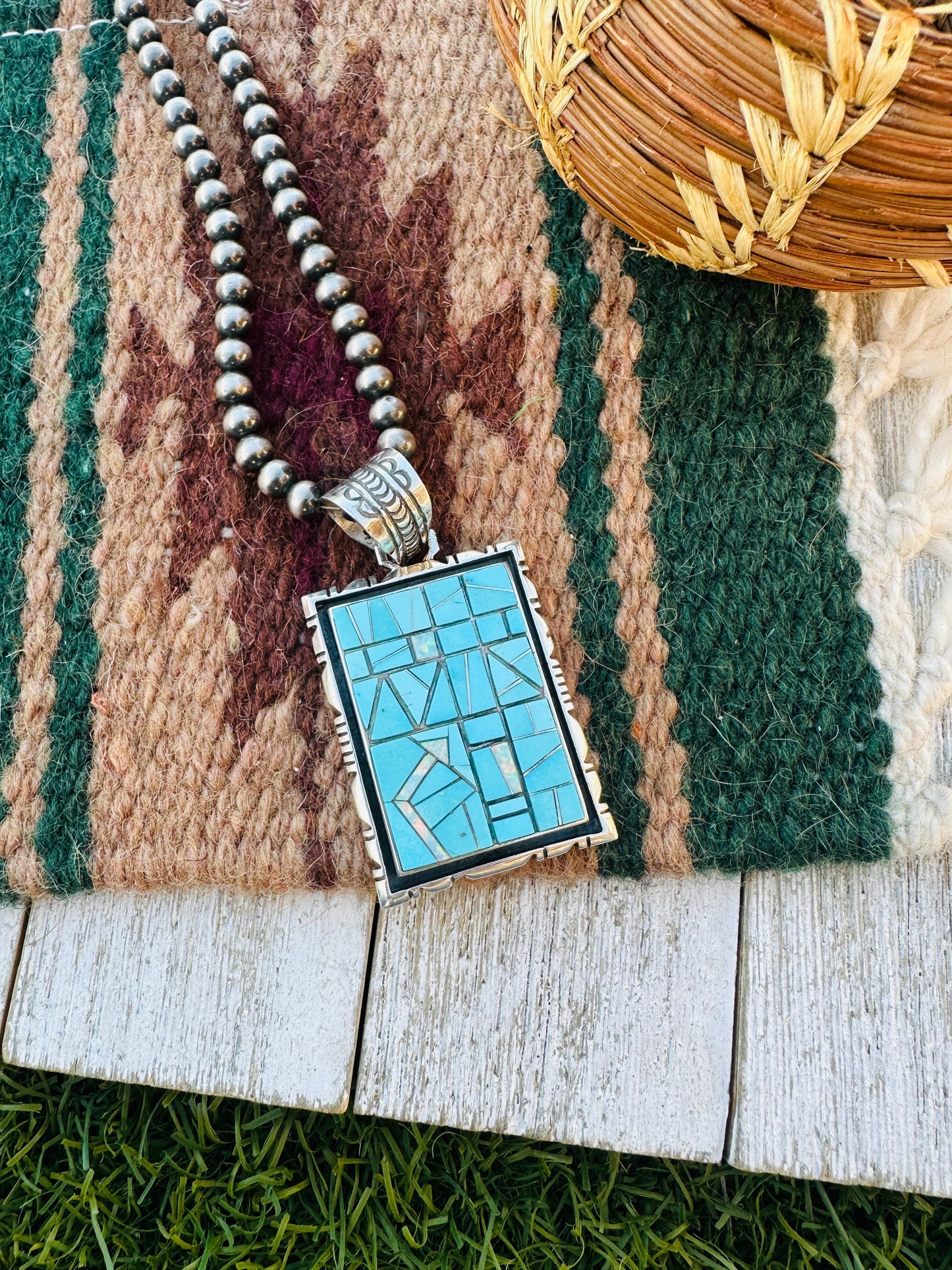 Old Pawn Handcrafted Turquoise, Opal and Sterling Silver Inlay Pendant