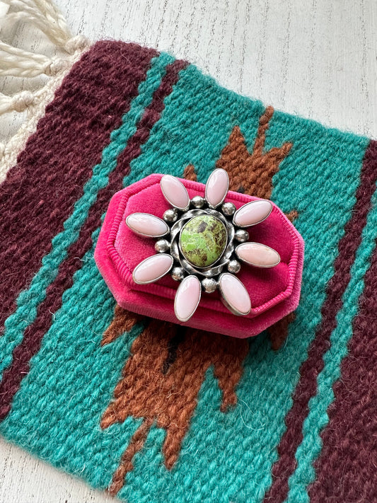 “Pink Blossom” Gorgeous Handcrafted Turquoise, Pink Conch And Sterling Silver Adjustable Flower Ring Signed