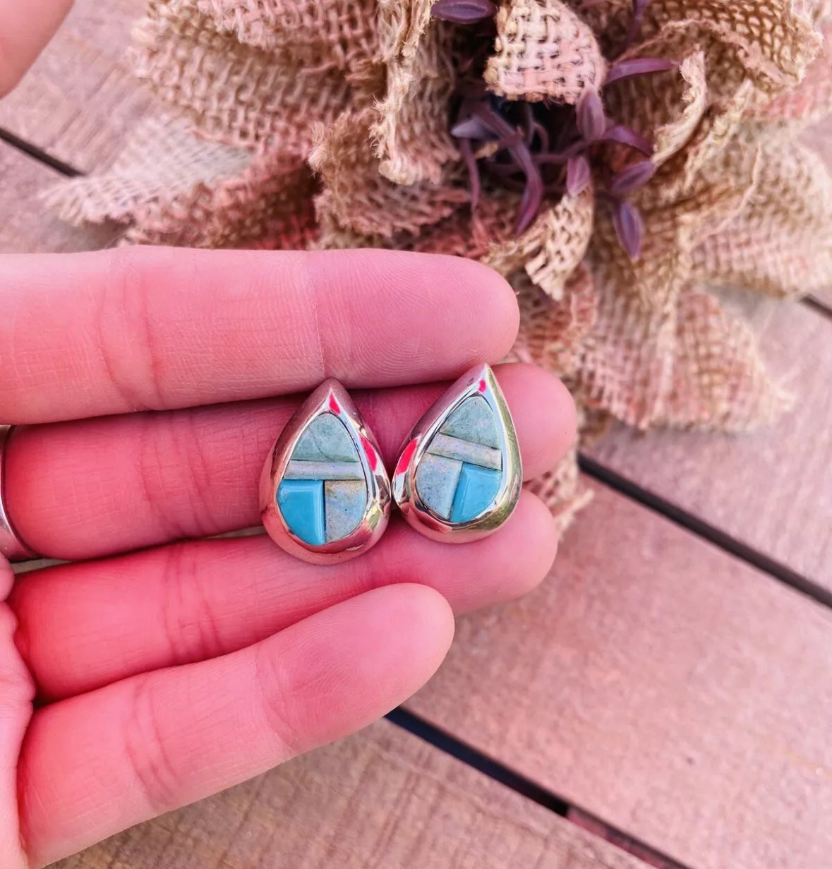 Handcrafted Turquoise & Sterling Silver Inlay Post Earrings