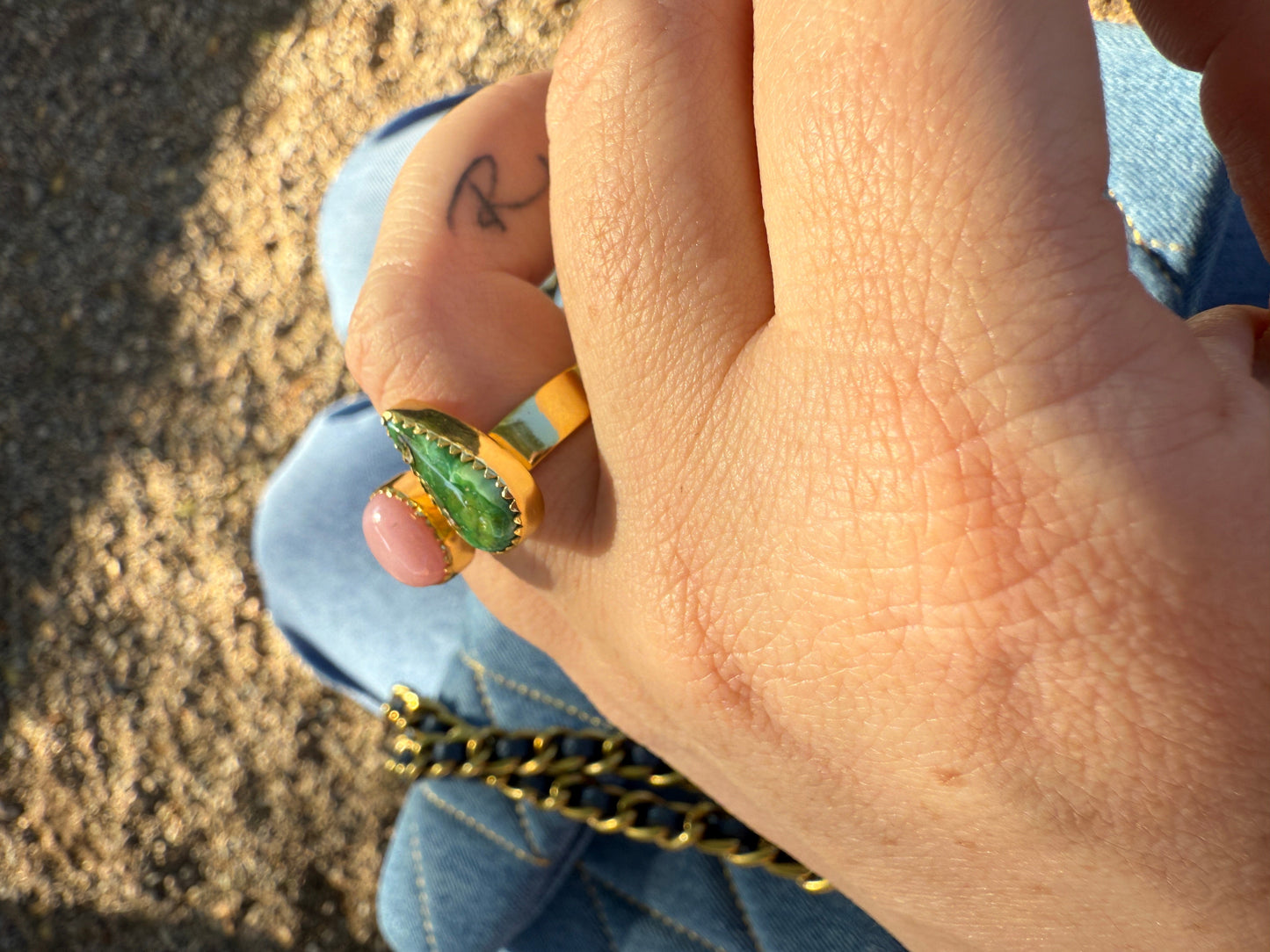 “The Golden Collection” Natural Sonoran Turquoise & Pink Opal Adjustable Ring