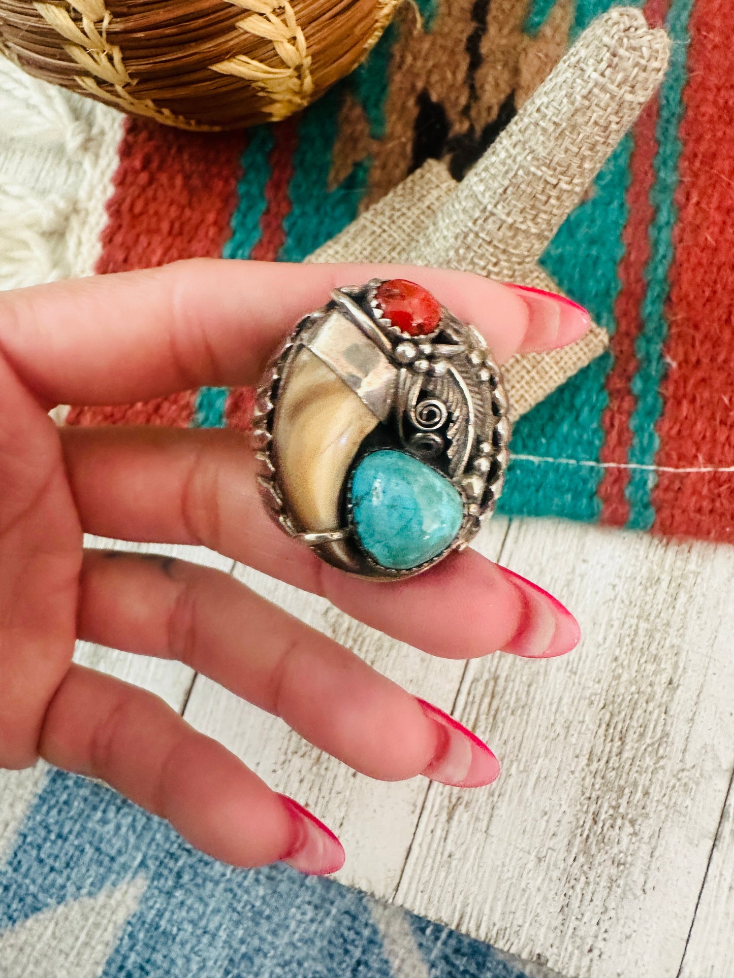 Handcrafted Old Pawn  Sterling Silver, Turquoise & Coral Claw Ring Size 11.5