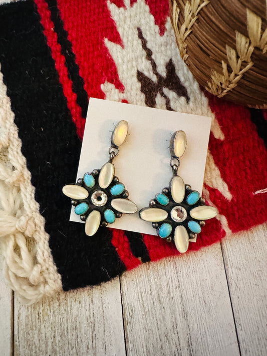 Handcrafted Mother of Pearl, Turquoise, CZ & Sterling Silver Dangle Earrings